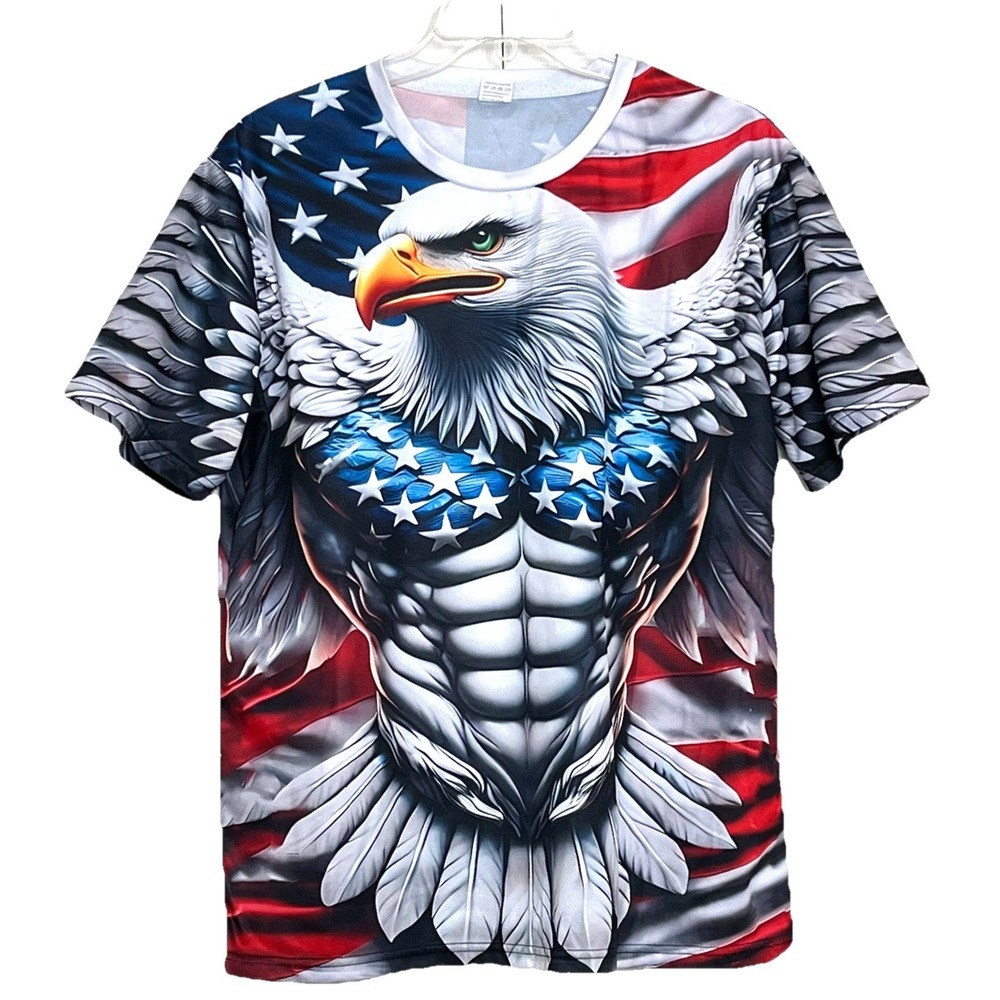 Patriotic Bald Eagle‎ American Flag Mens T-Shirt L 3D Graphic Print Double-Sided